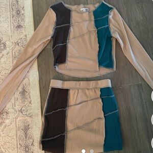 Fashion Nova Tan and Teal Skirt Set